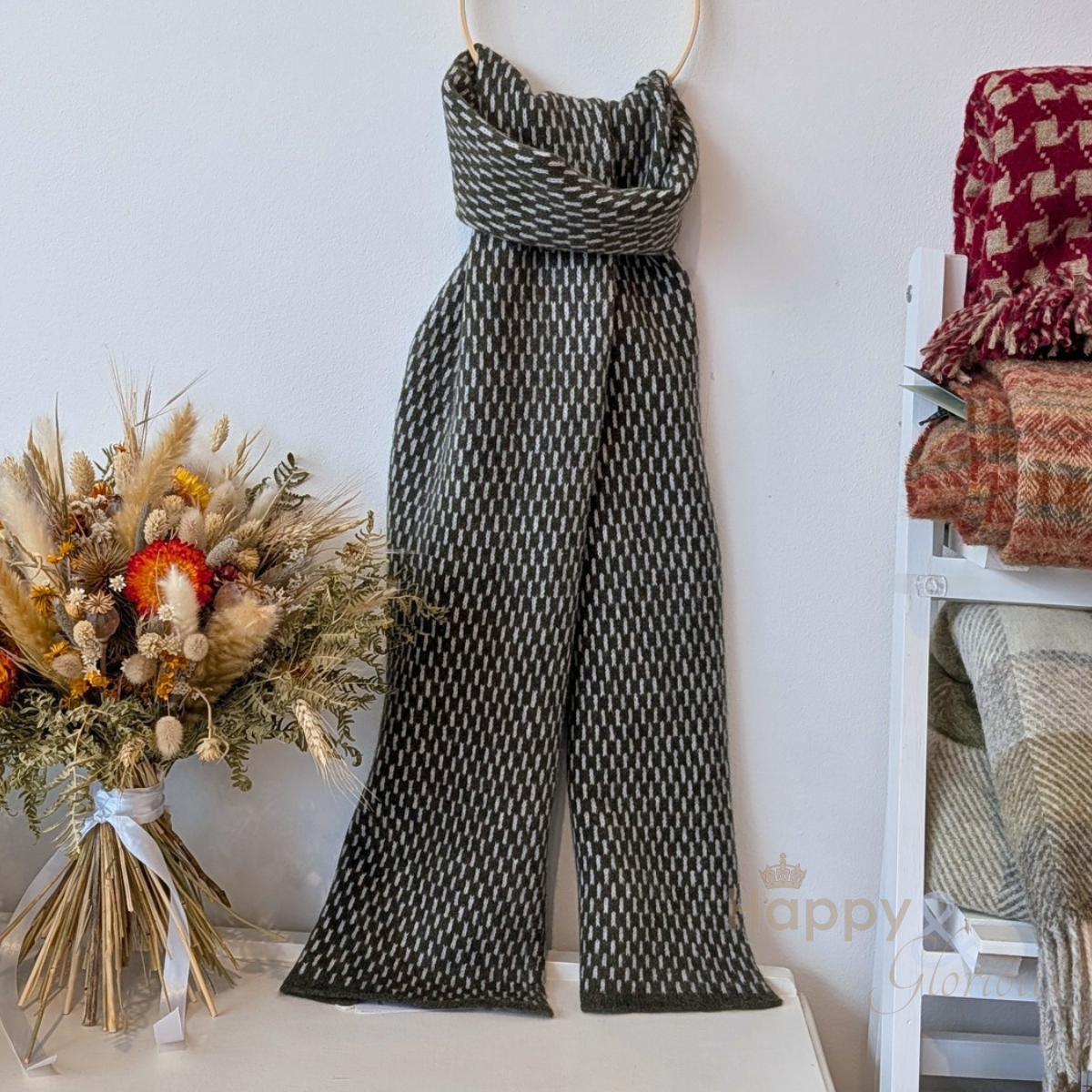 Olive green geometric felted merino wool scarf