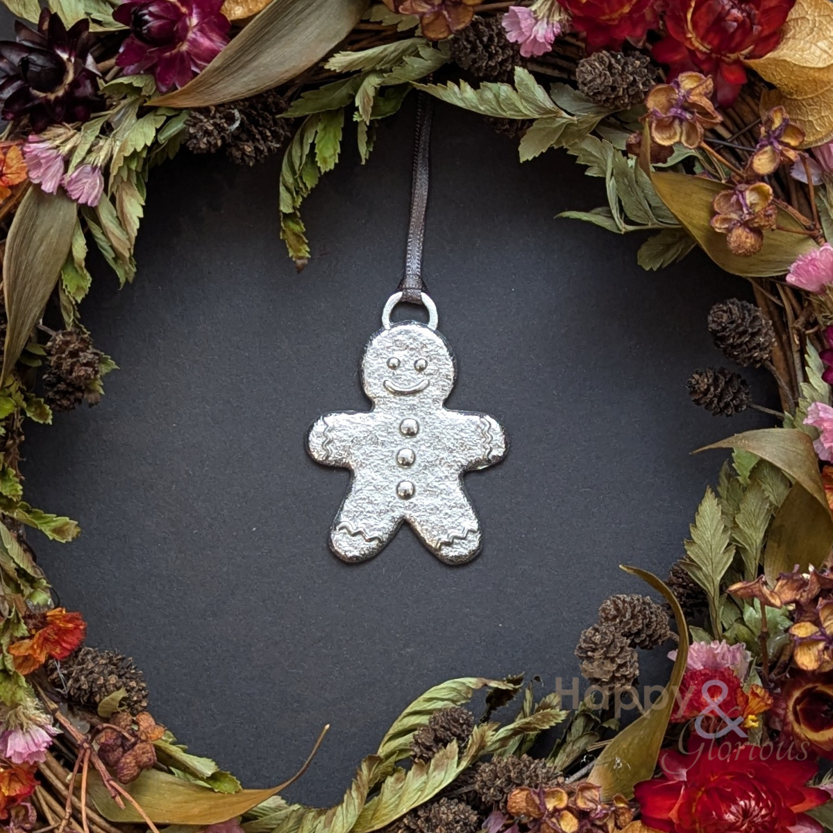 Pewter gingerbread man Christmas tree decoration - handmade by Lancaster & Gibbings