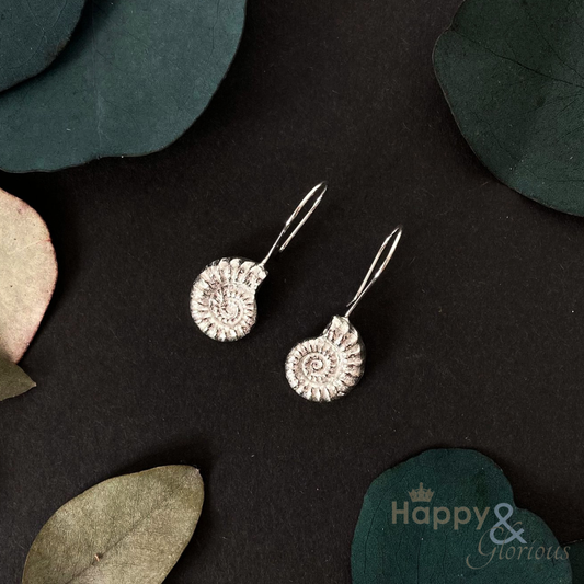 Pewter & sterling silver ammonite drop earrings