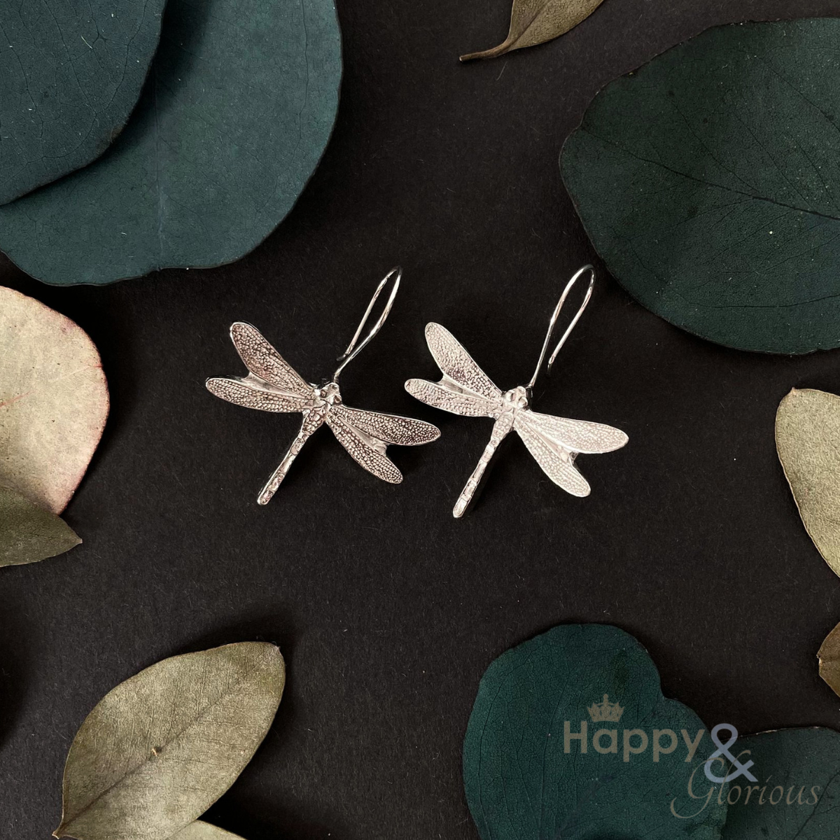 Pewter & sterling silver dragonfly drop earrings