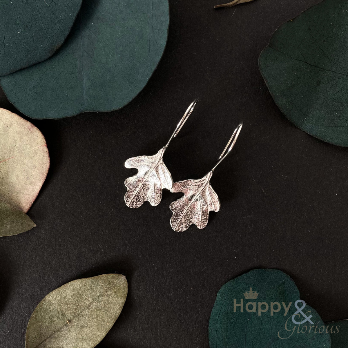 Pewter & sterling silver oak leaf drop earrings