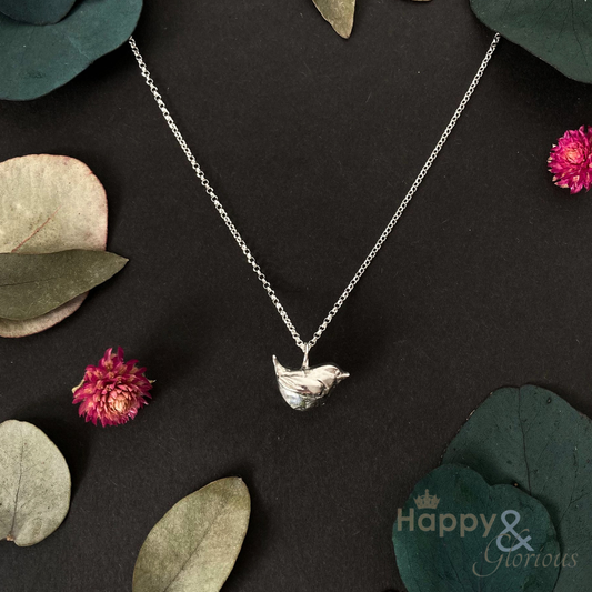 Pewter & sterling silver wren necklace