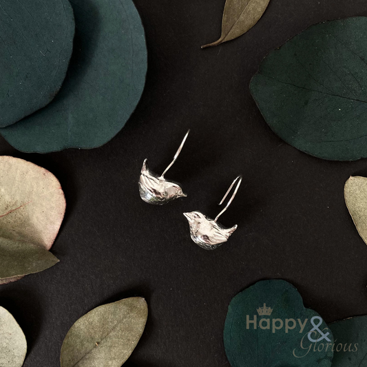 Pewter & sterling silver wren drop earrings