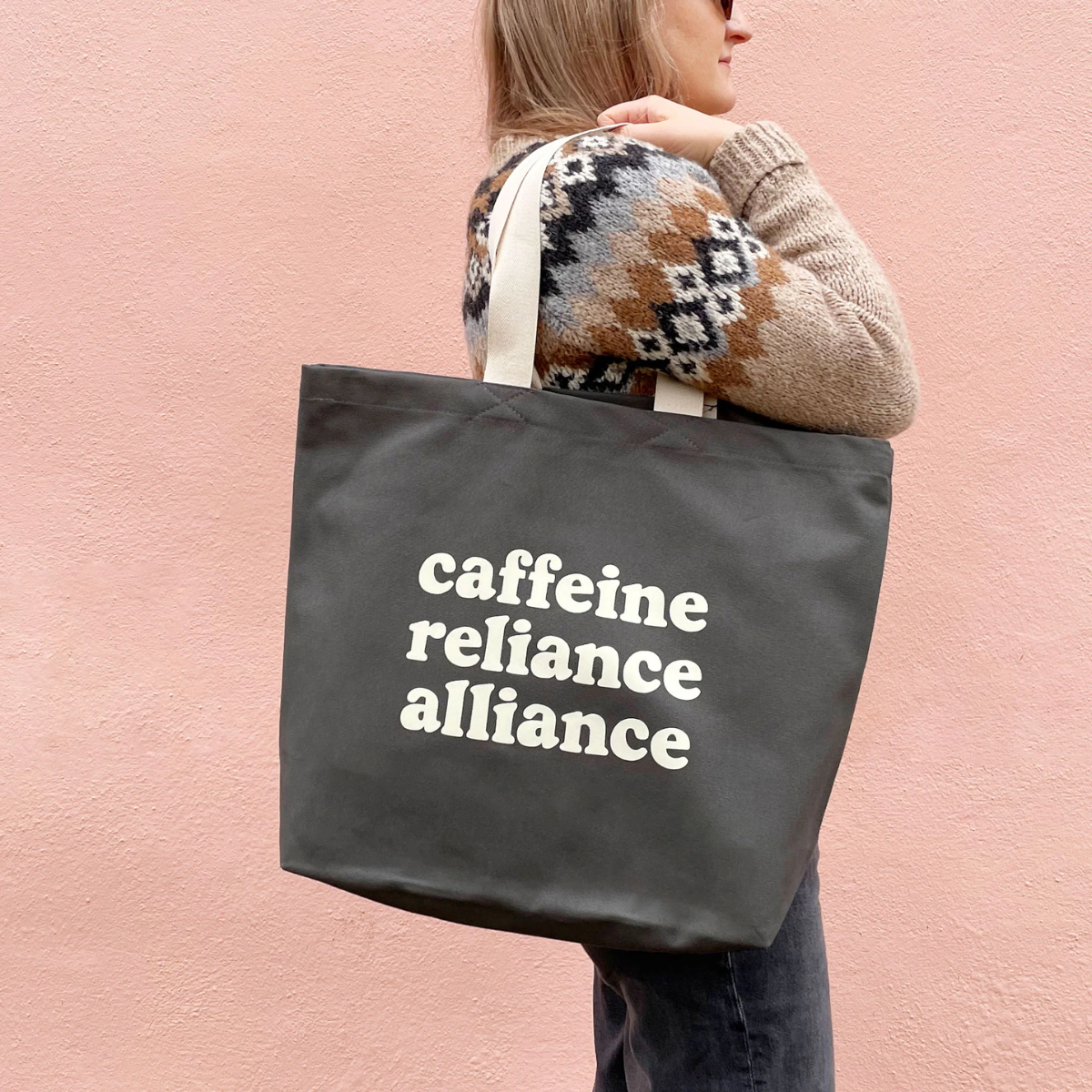 Caffeine reliance alliance grey cotton canvas tote bag