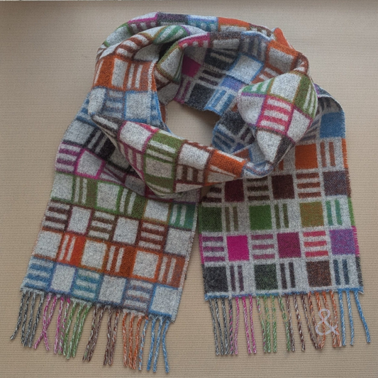 Multi-coloured 'ribbon' check merino wool scarf
