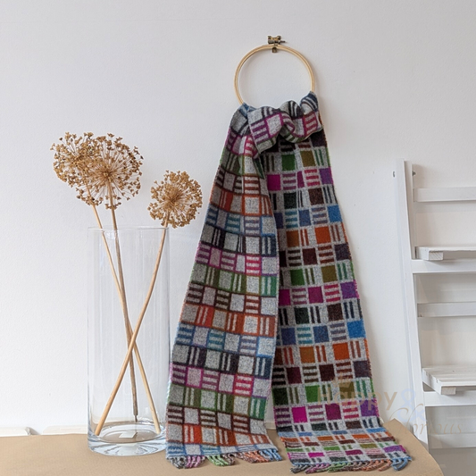 Multi-coloured 'ribbon' check merino wool scarf
