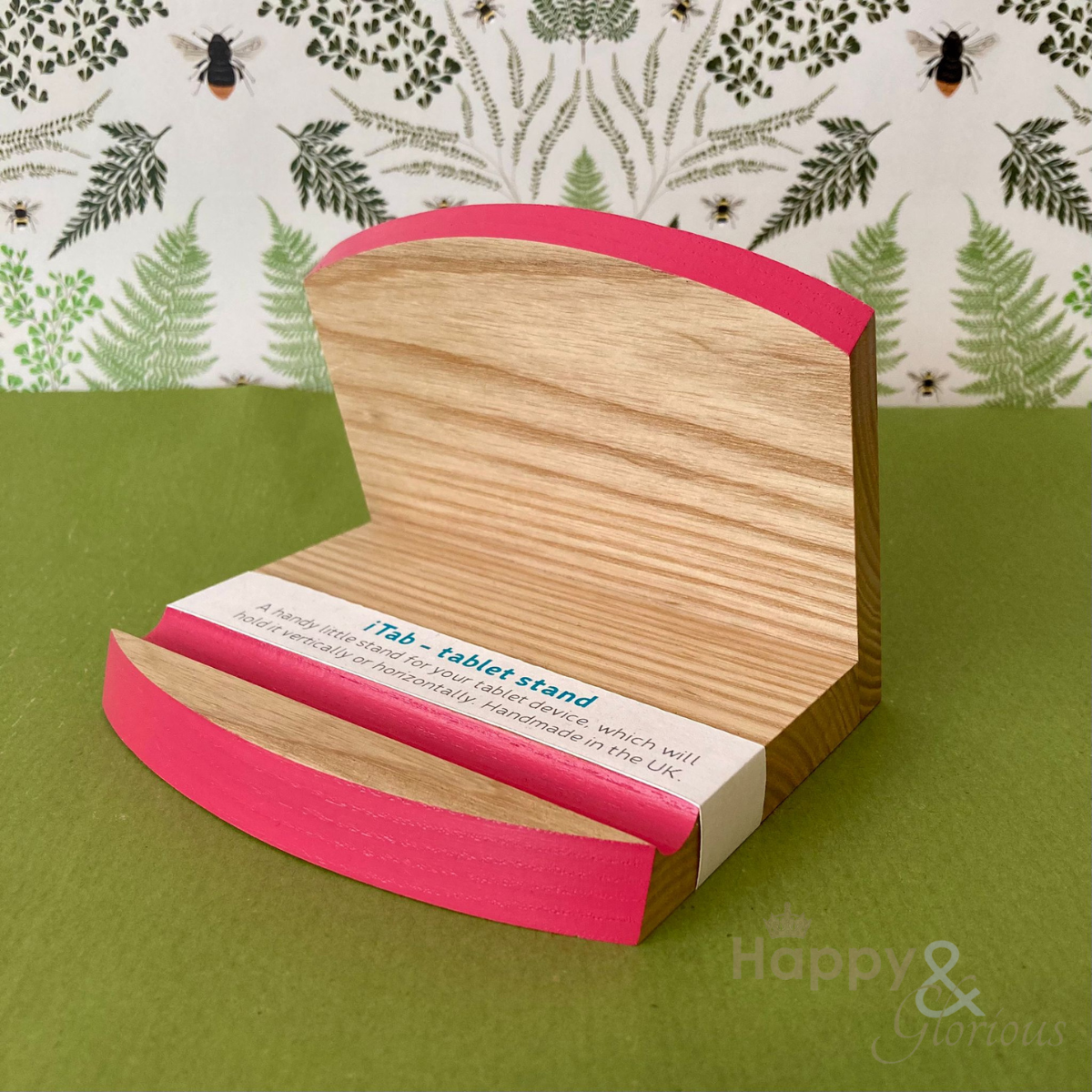 Happy pink iTab wooden tablet stand