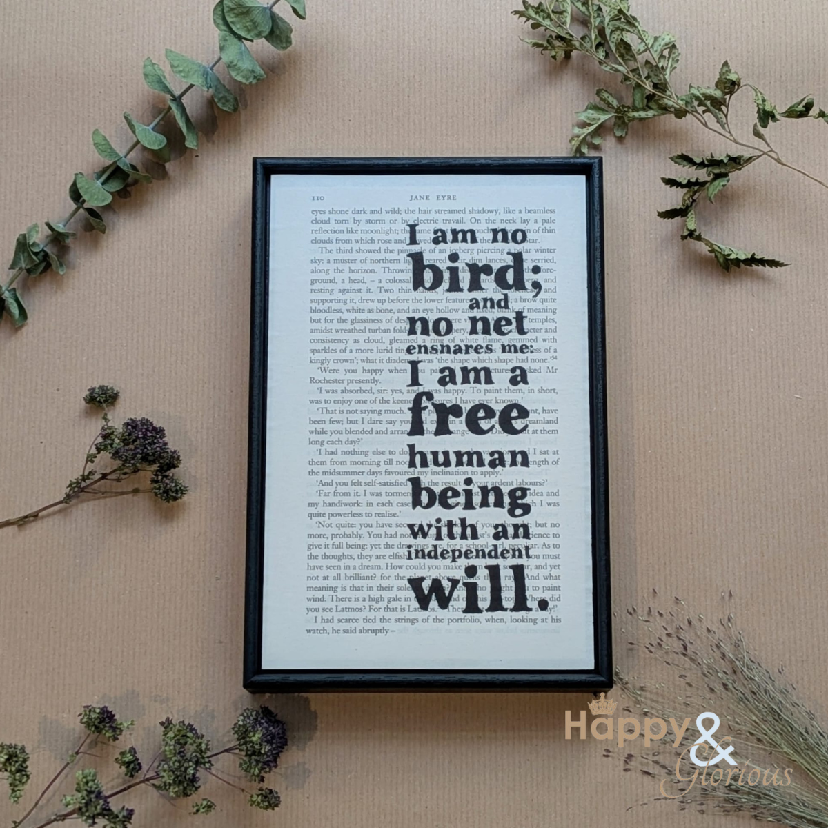 'I am no bird' Jane Eyre framed book quote