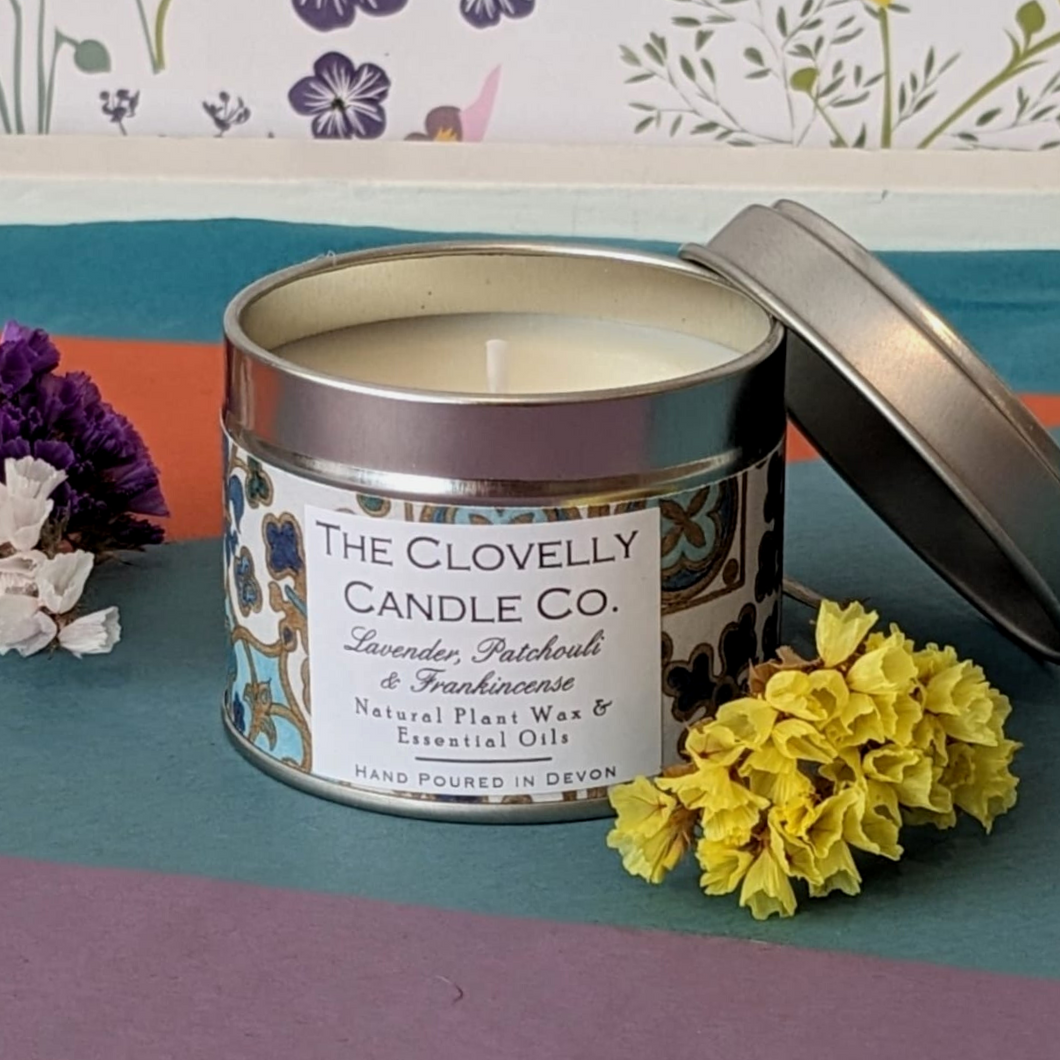 Clovelly lavender, frankincense & patchouli essential oil candle in tin