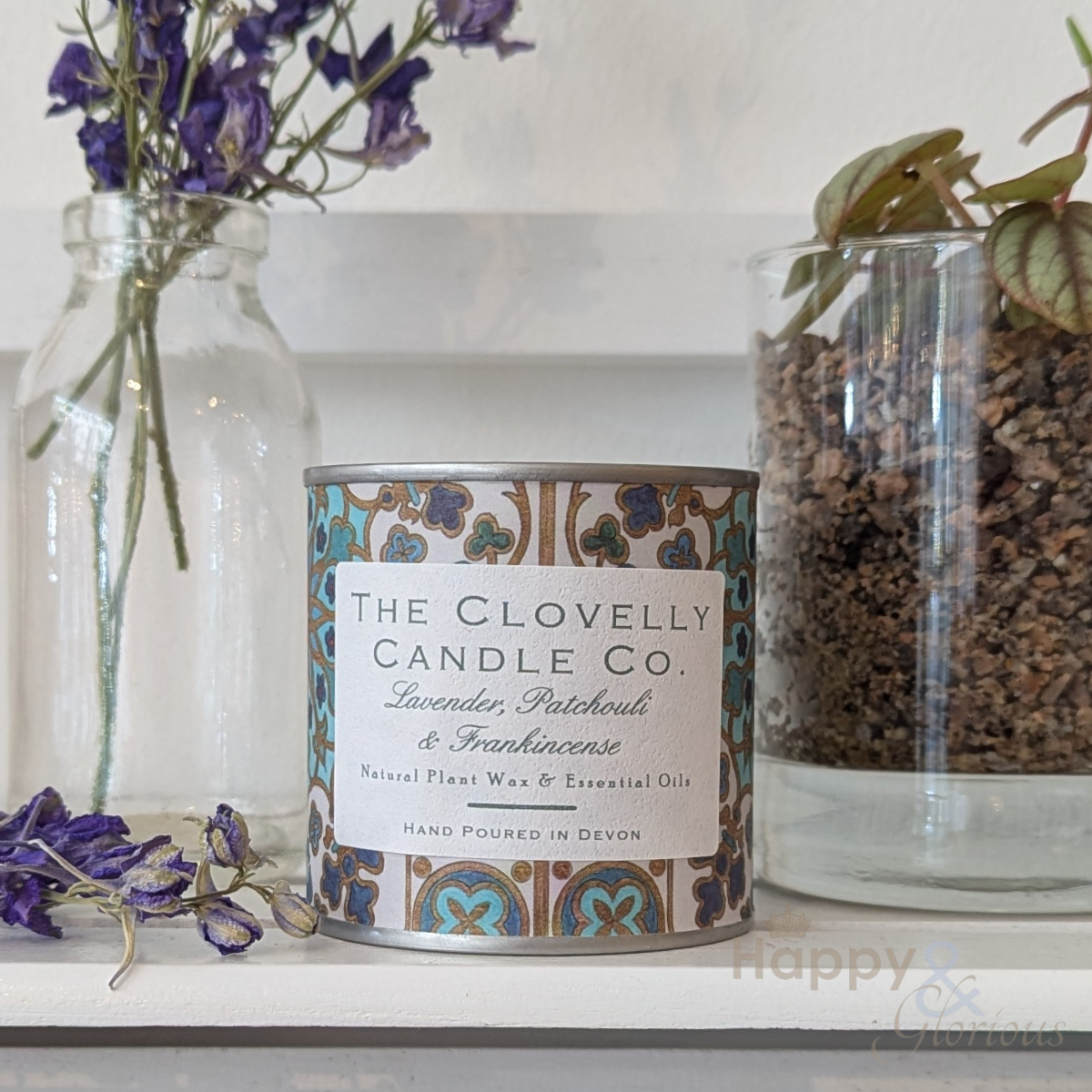Clovelly lavender, frankincense & patchouli essential oil candle in tin