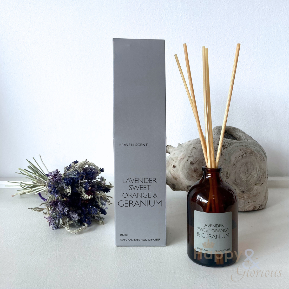 Lavender, sweet orange & geranium reed diffuser in amber glass bottle