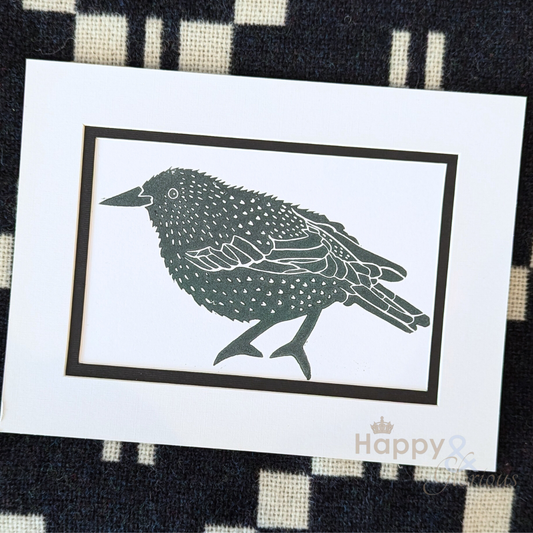 Optimistic starling lino print by Kate Tompsett