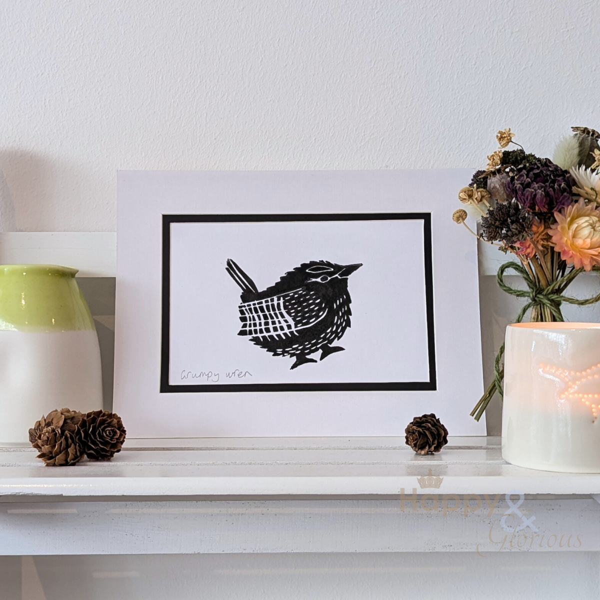 Grumpy wren lino print by Kate Tompsett