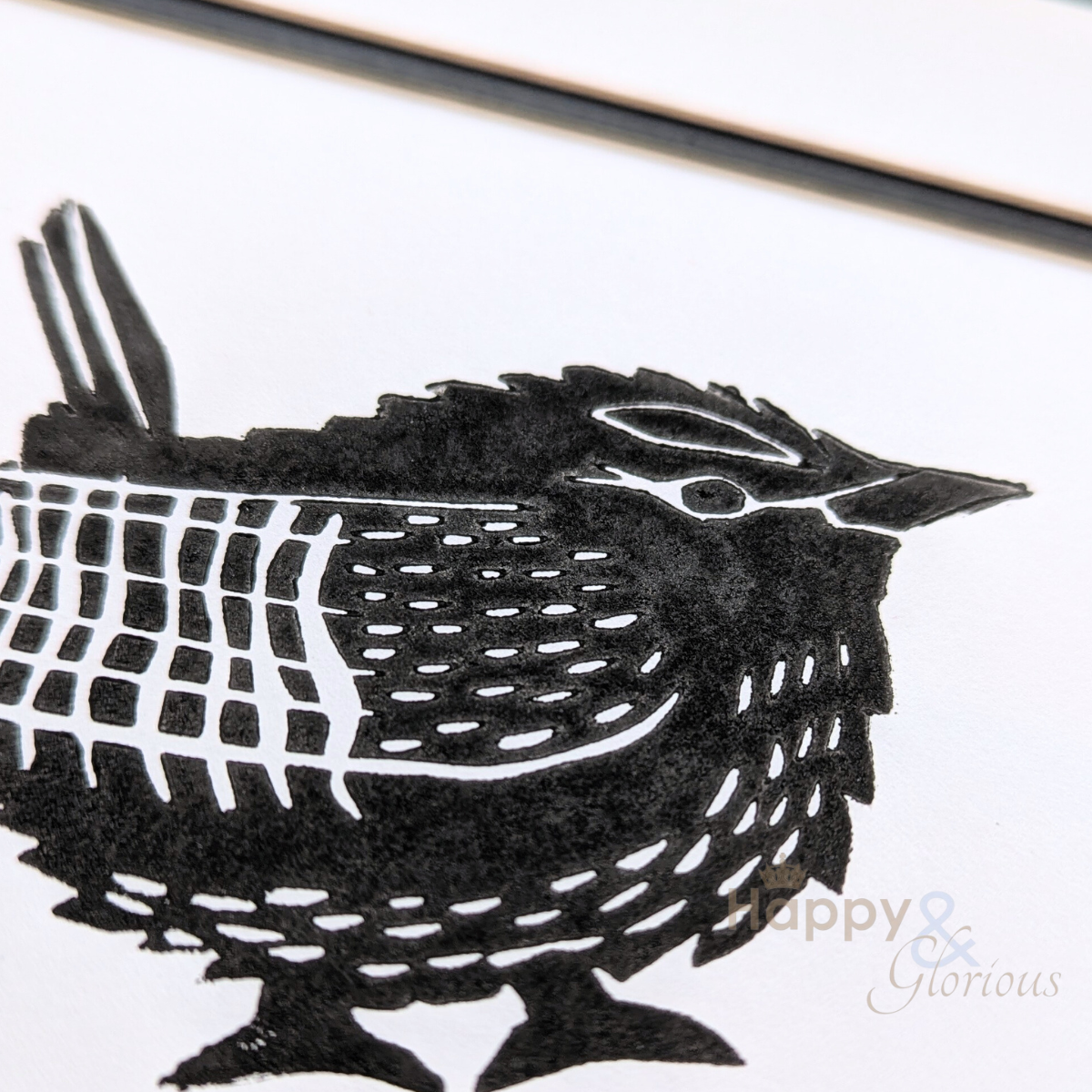 Grumpy wren lino print by Kate Tompsett