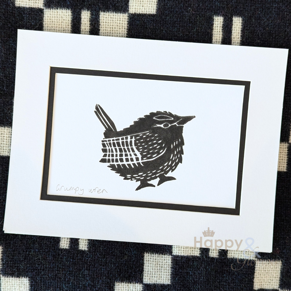 Grumpy wren lino print by Kate Tompsett