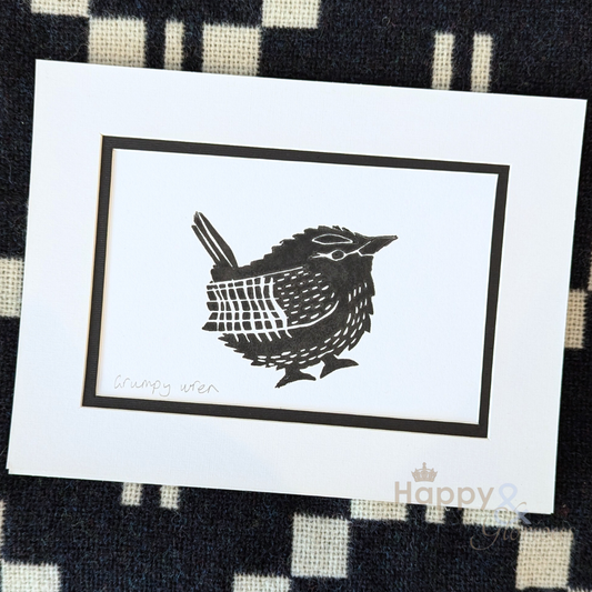 Grumpy wren lino print by Kate Tompsett