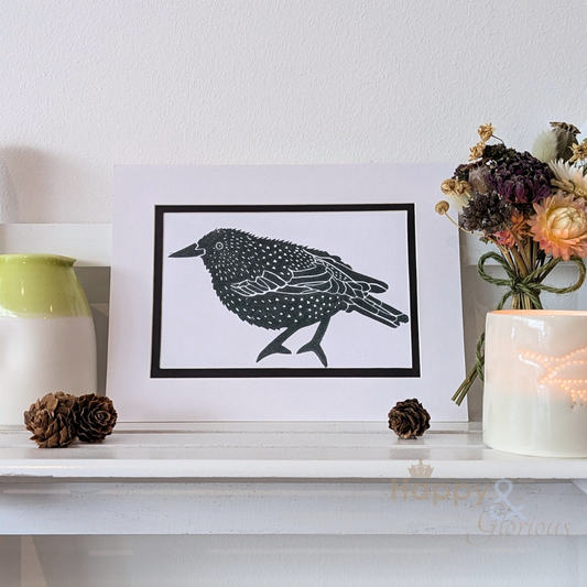 Optimistic starling lino print by Kate Tompsett