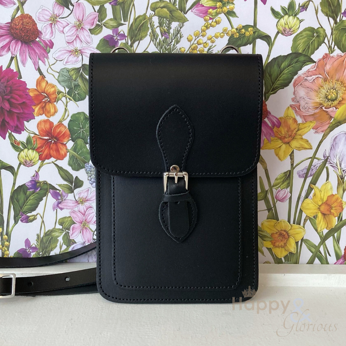Handmade black leather mobile phone holder