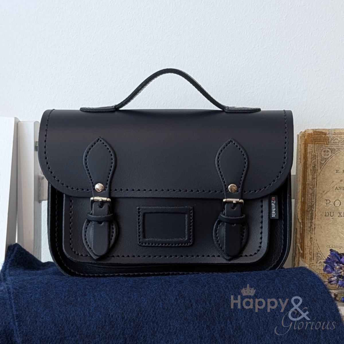 Handmade navy leather midi satchel