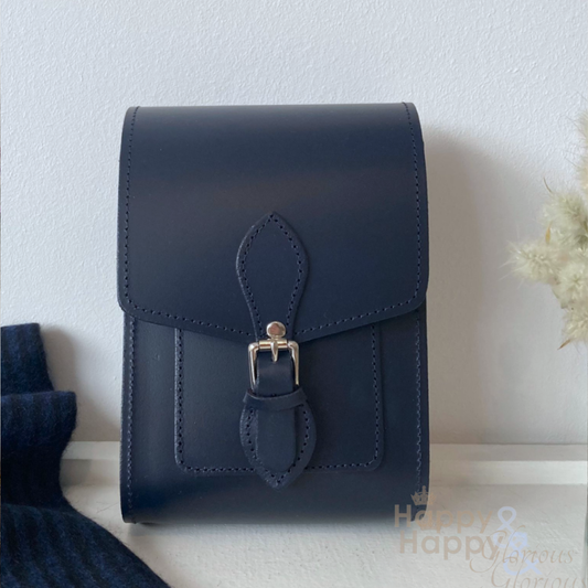 Handmade navy leather festival bag
