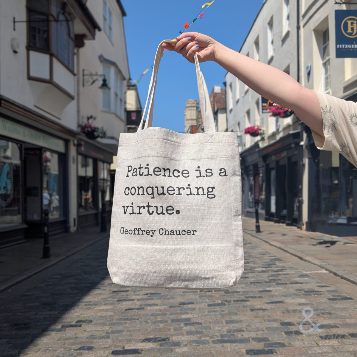 'Patience is a virtue' Geoffrey Chaucer canvas tote bag