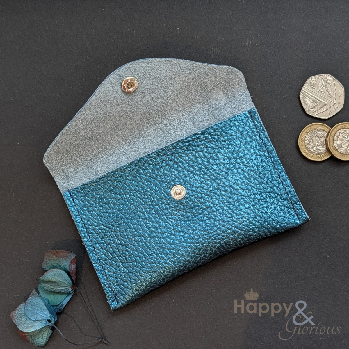 Metallic leather envelope coin purse