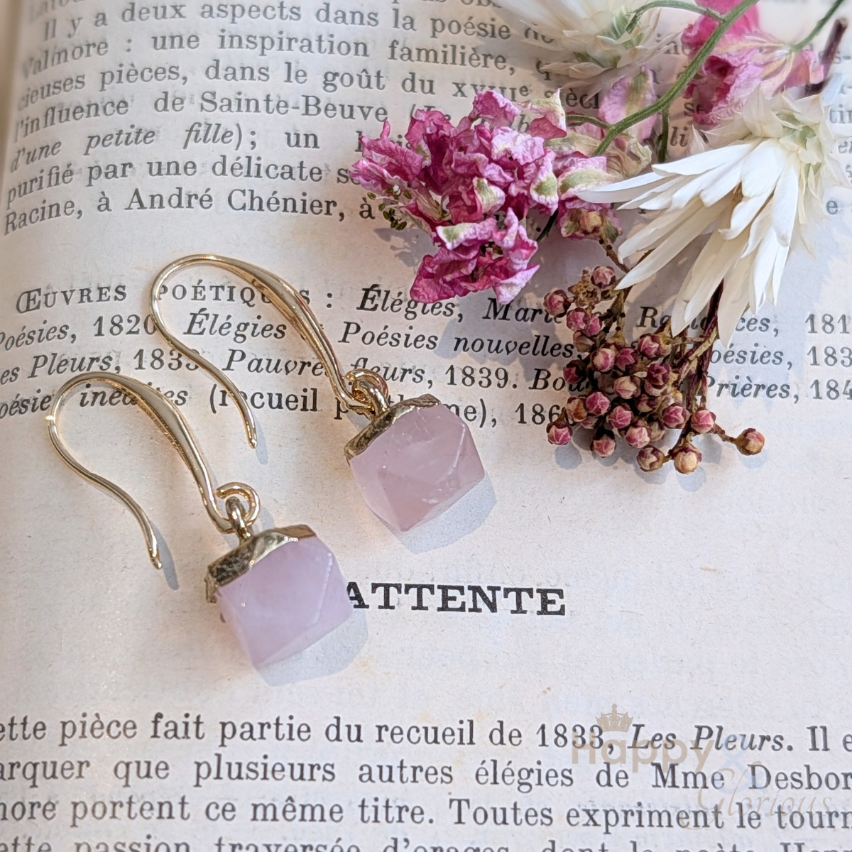 Rose quartz nugget gold plated earrings