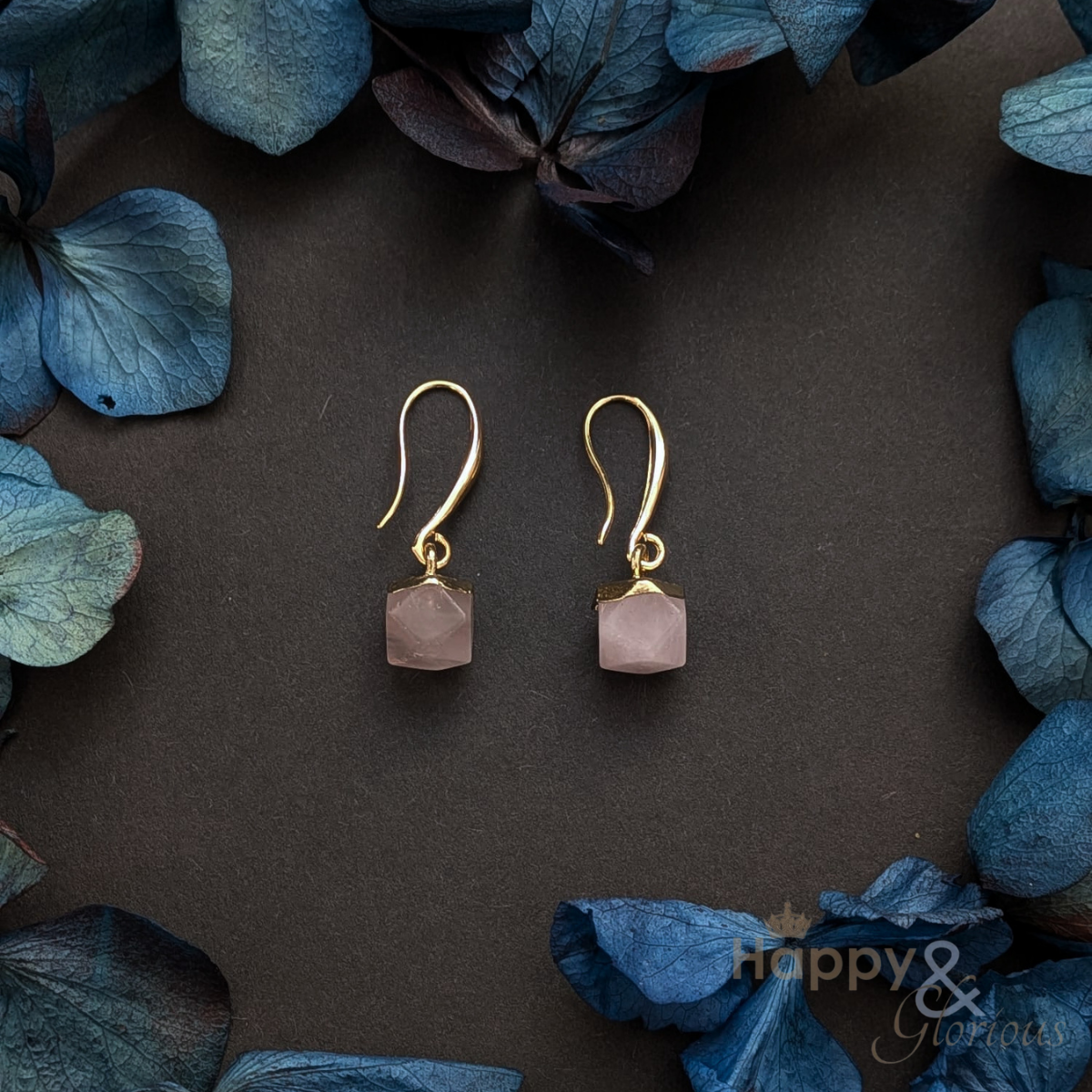 Rose quartz nugget gold plated earrings