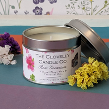Clovelly rose geranium essential oil candle in tin