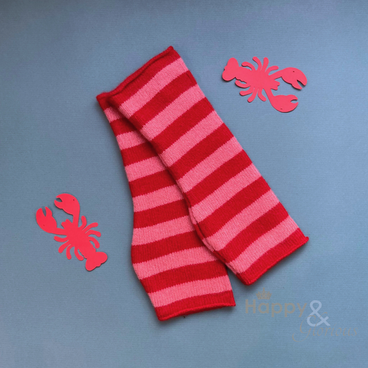 Pink & red stripe felted merino wool wristwarmer gloves