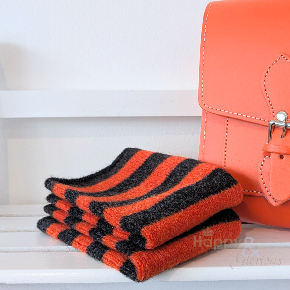 Burnt orange & grey stripe felted merino wool wristwarmer gloves