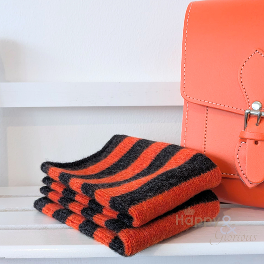 Burnt orange & grey stripe felted merino wool wristwarmer gloves