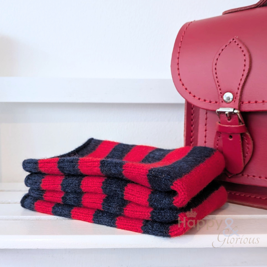 Red & navy stripe felted merino wool wristwarmer gloves