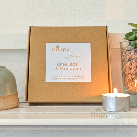 Lime basil & mandarin soy wax fragranced tealight candles - box of nine
