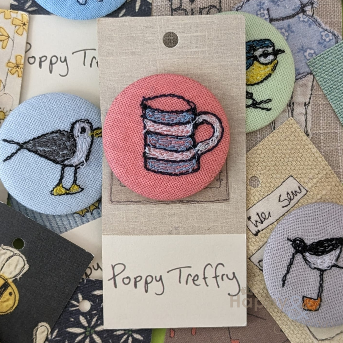 Embroidered mug of tea brooch