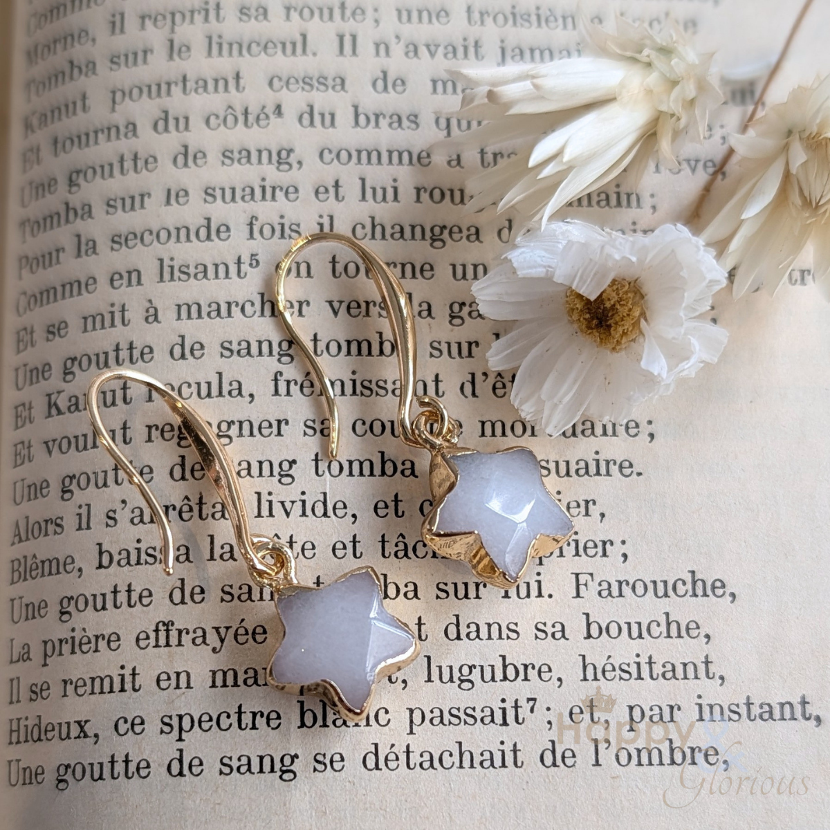 White Jade star gold plated earrings