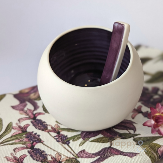 Purple porcelain salt pig & spoon