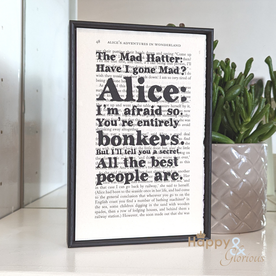 'Bonkers' Alice in Wonderland handpainted book quote