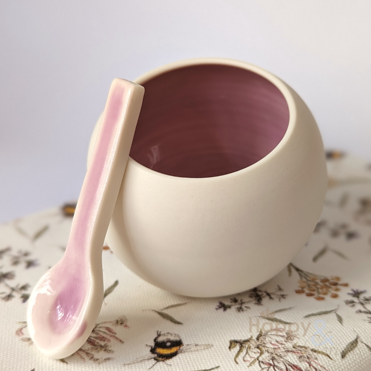 Rose pink porcelain salt pig & spoon