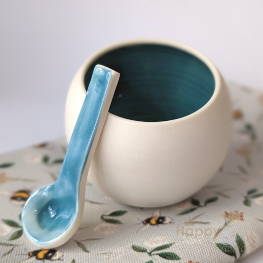 Aqua blue porcelain salt pig & spoon
