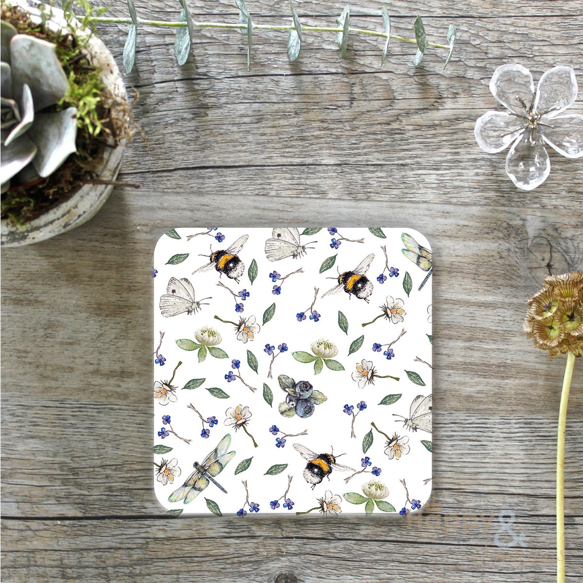 Bees & wild flowers set of four coasters
