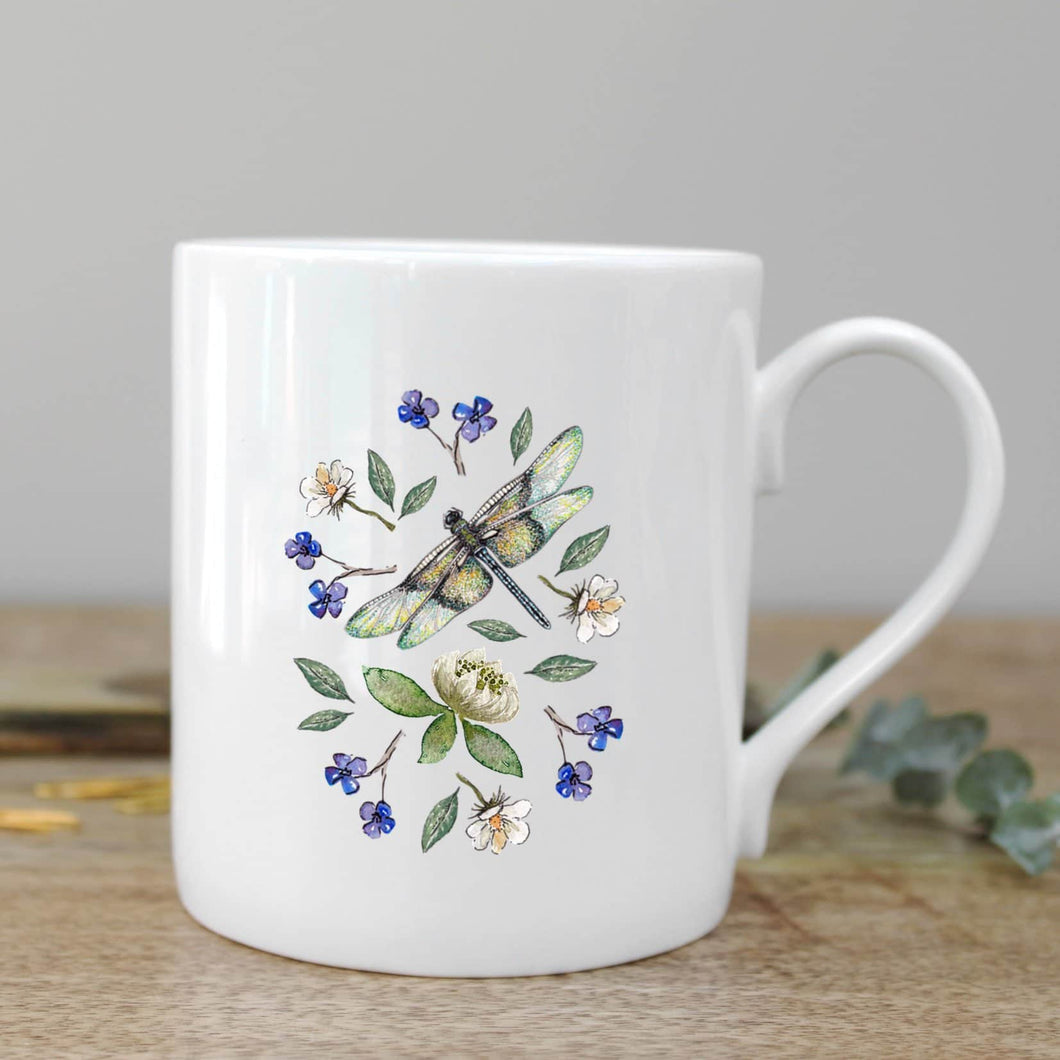 Dragonfly & wild flower fine china mug