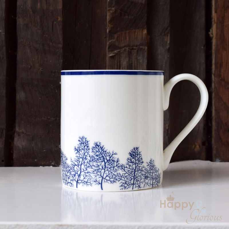 Navy blue & white fennel leaves silhouette fine china mug by Kate Tompsett