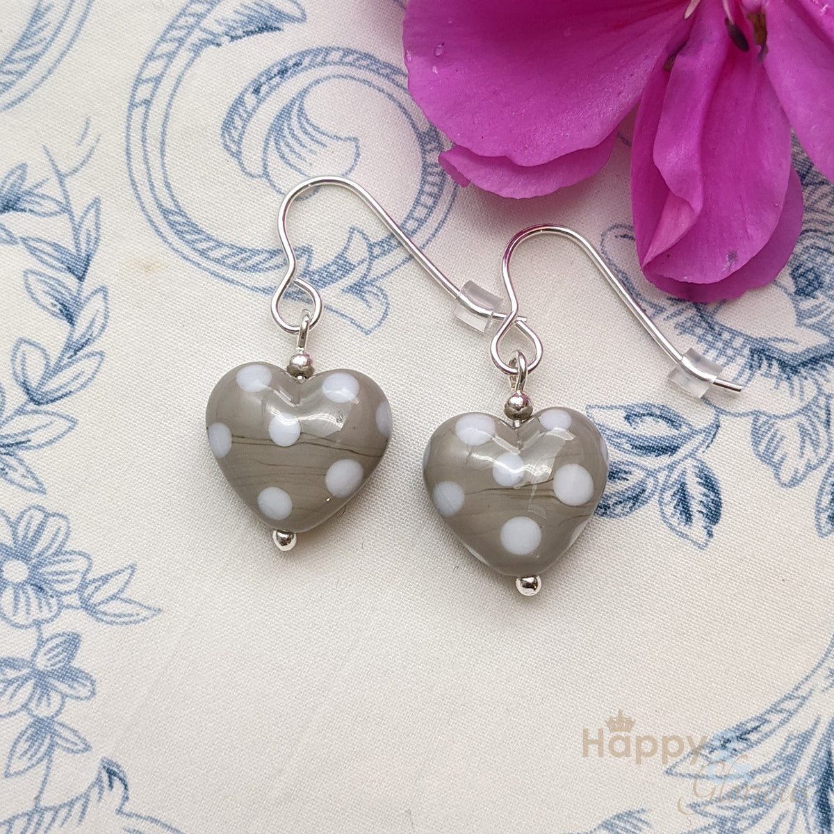 Grey & white spotty glass heart sterling silver earrings