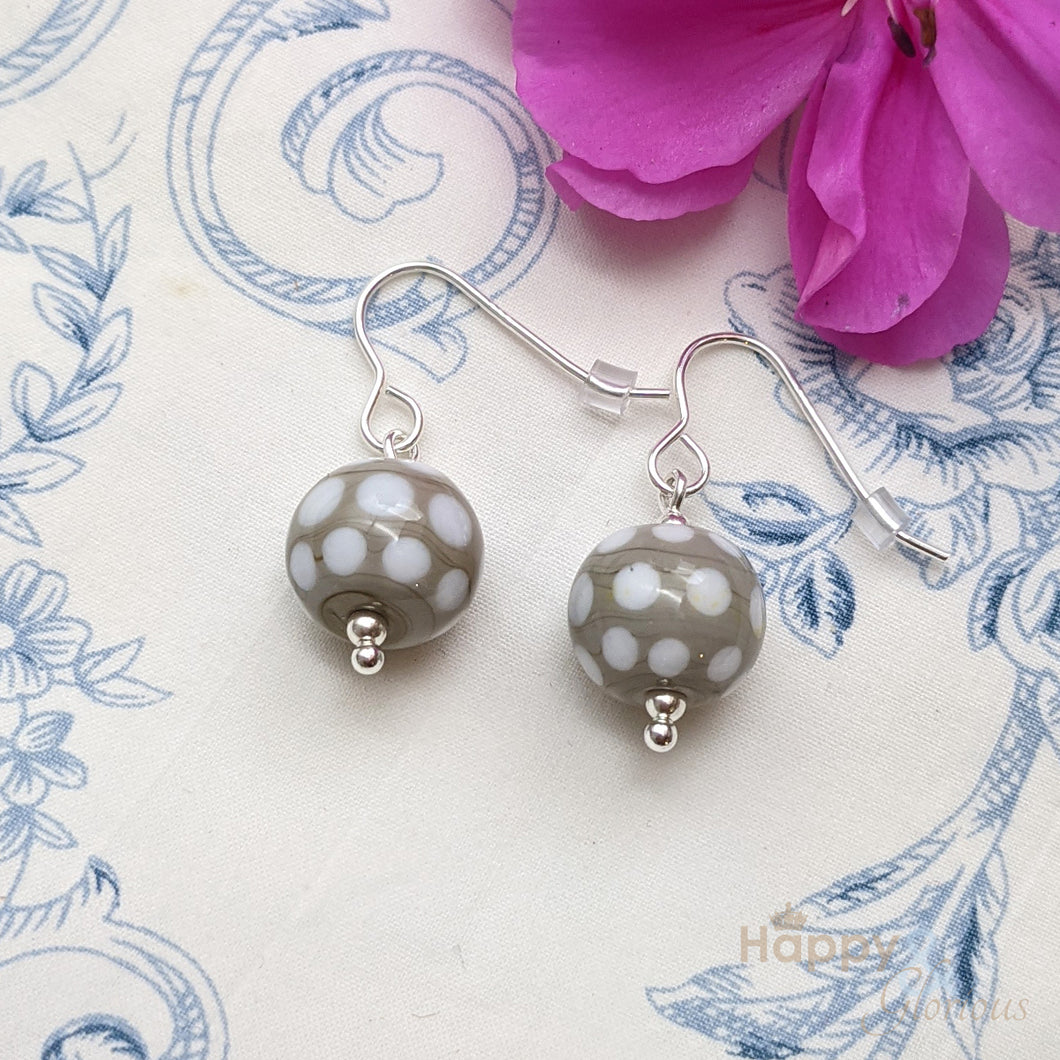 Grey & white spotty glass sterling silver earrings
