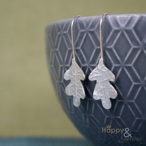 Sterling silver embossed oak leaf drop earrings