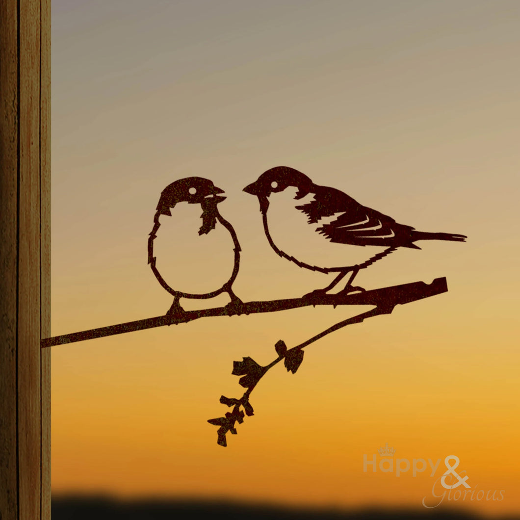 Steel pair of sparrows silhouette garden art