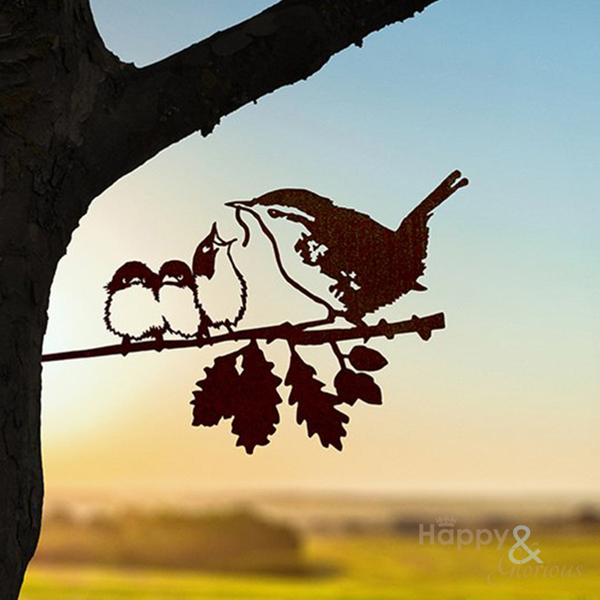 Steel wren & chicks silhouette garden art