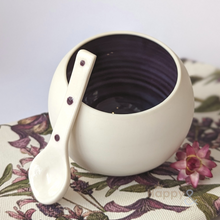Purple porcelain salt pig & spoon
