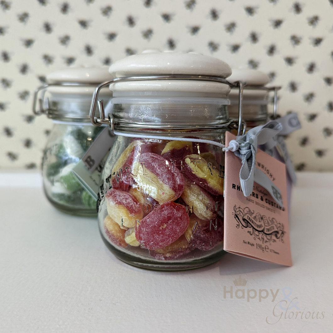 Rhubarb & custard sweets in vintage style jar